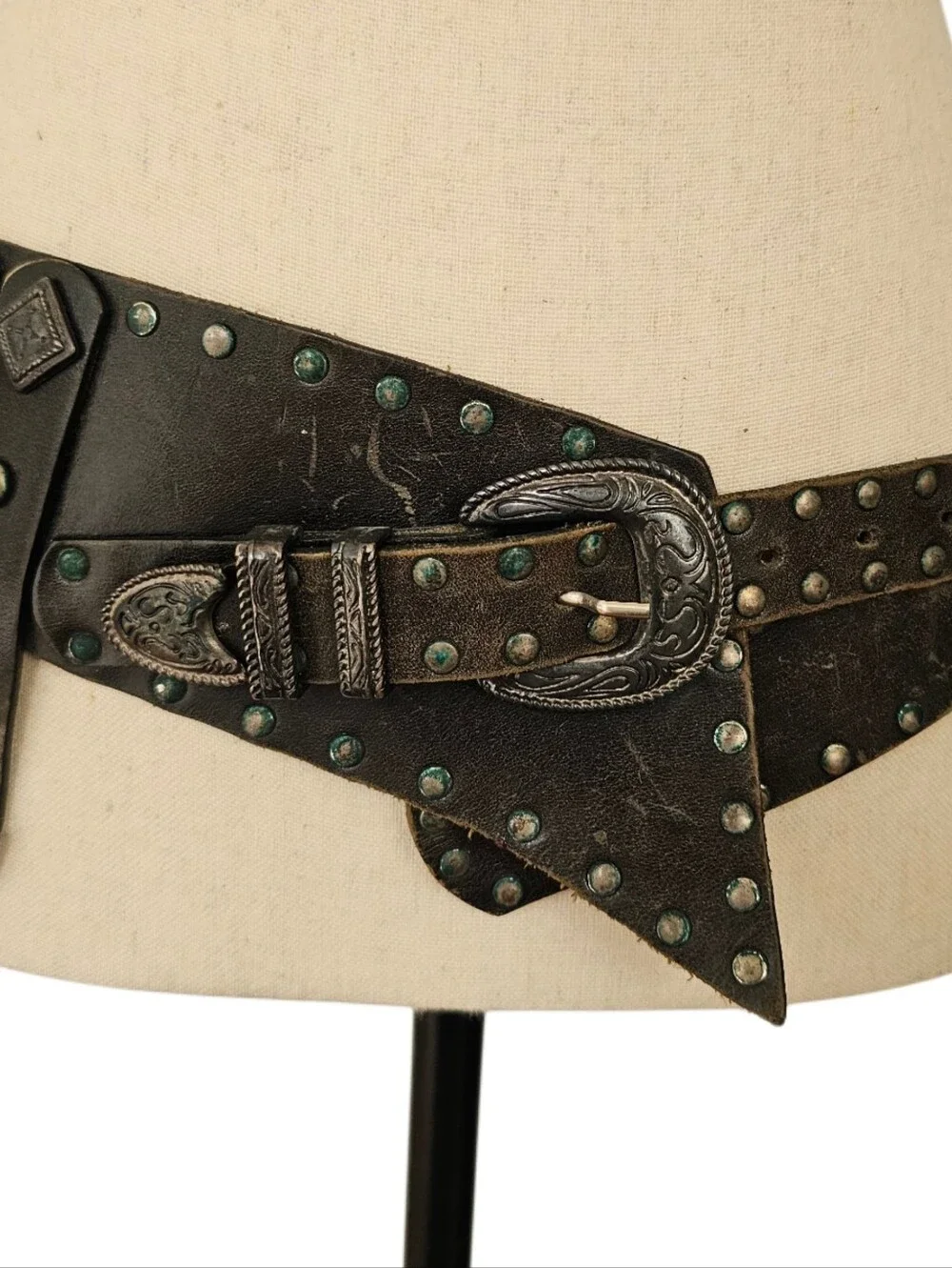 Black Studded Western Wide Waist Belt Double Buckle